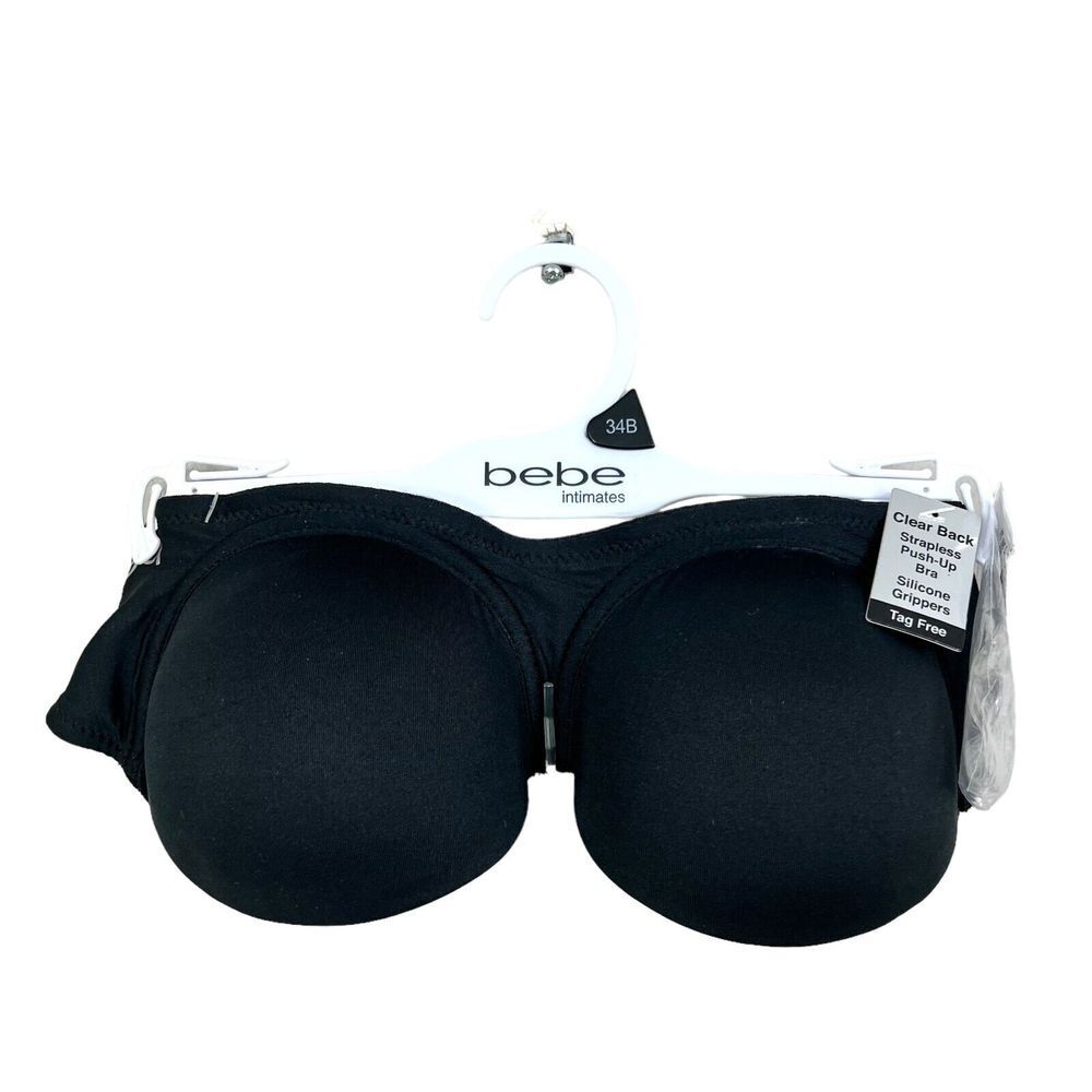 BEBE intimates Womens Strapless Push Up Bra Clear Back Silicone Grips Black 34B*